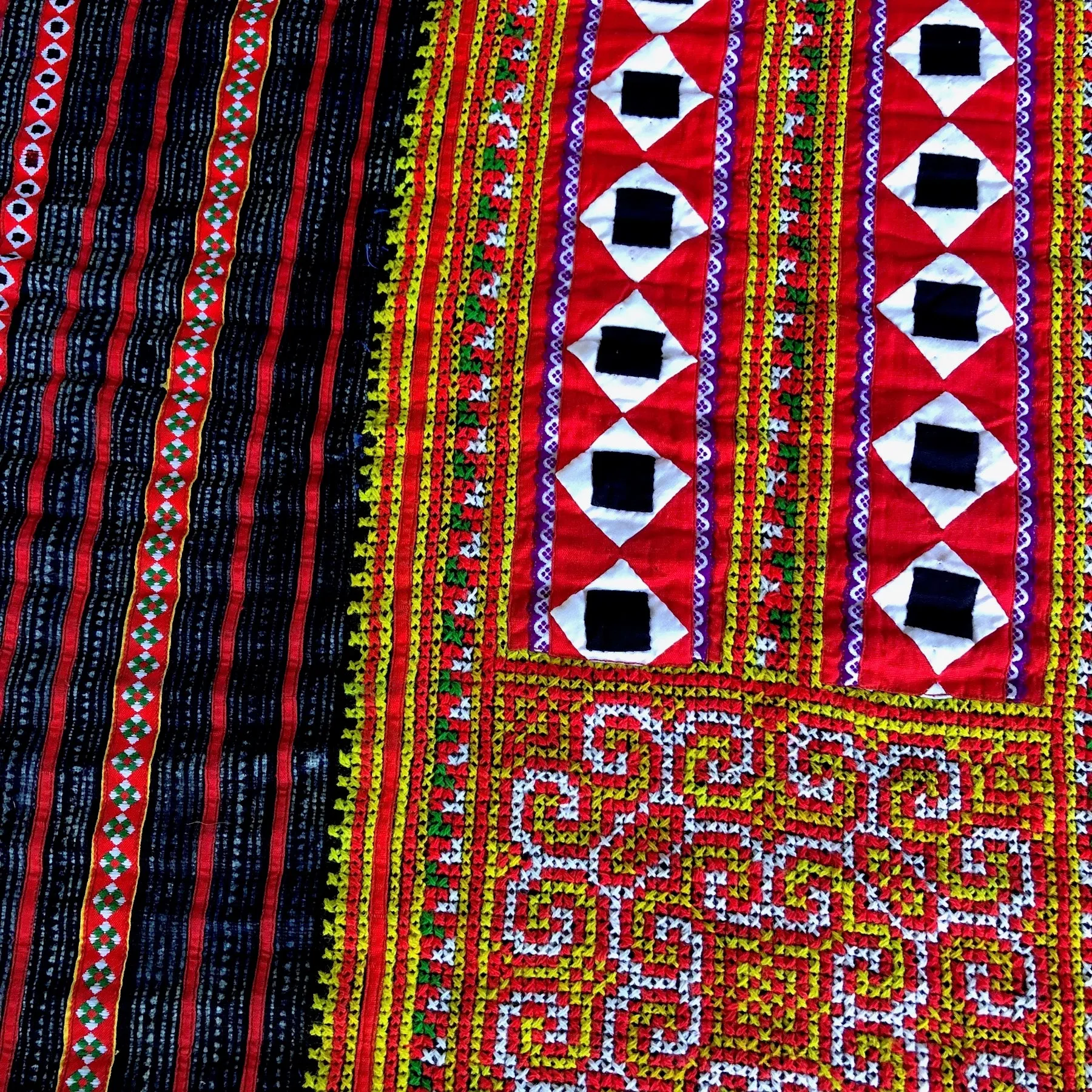 Hmong embroidered appliqued hemp and cotton fabric