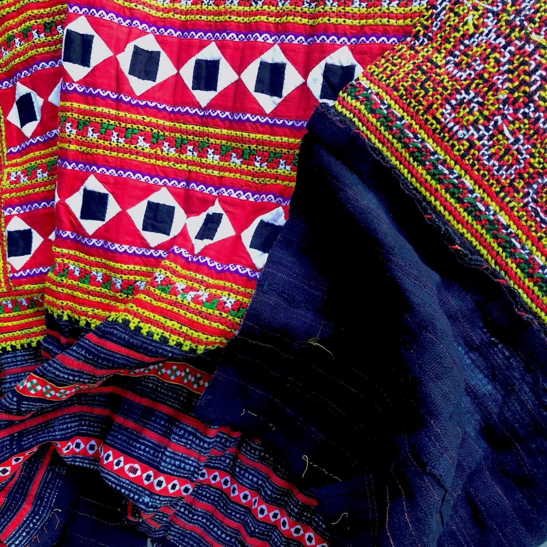 Hmong embroidered appliqued hemp and cotton fabric