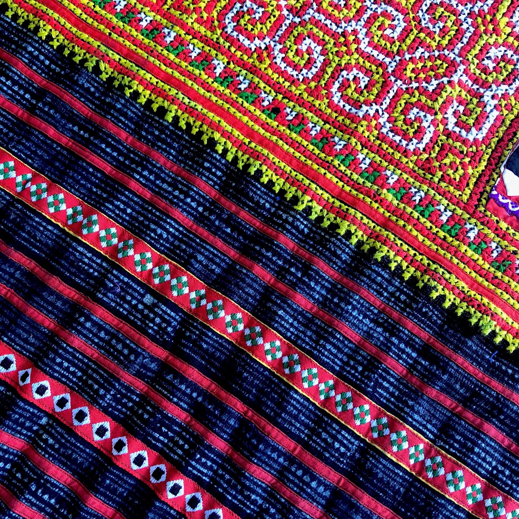 Hmong embroidered appliqued hemp and cotton fabric