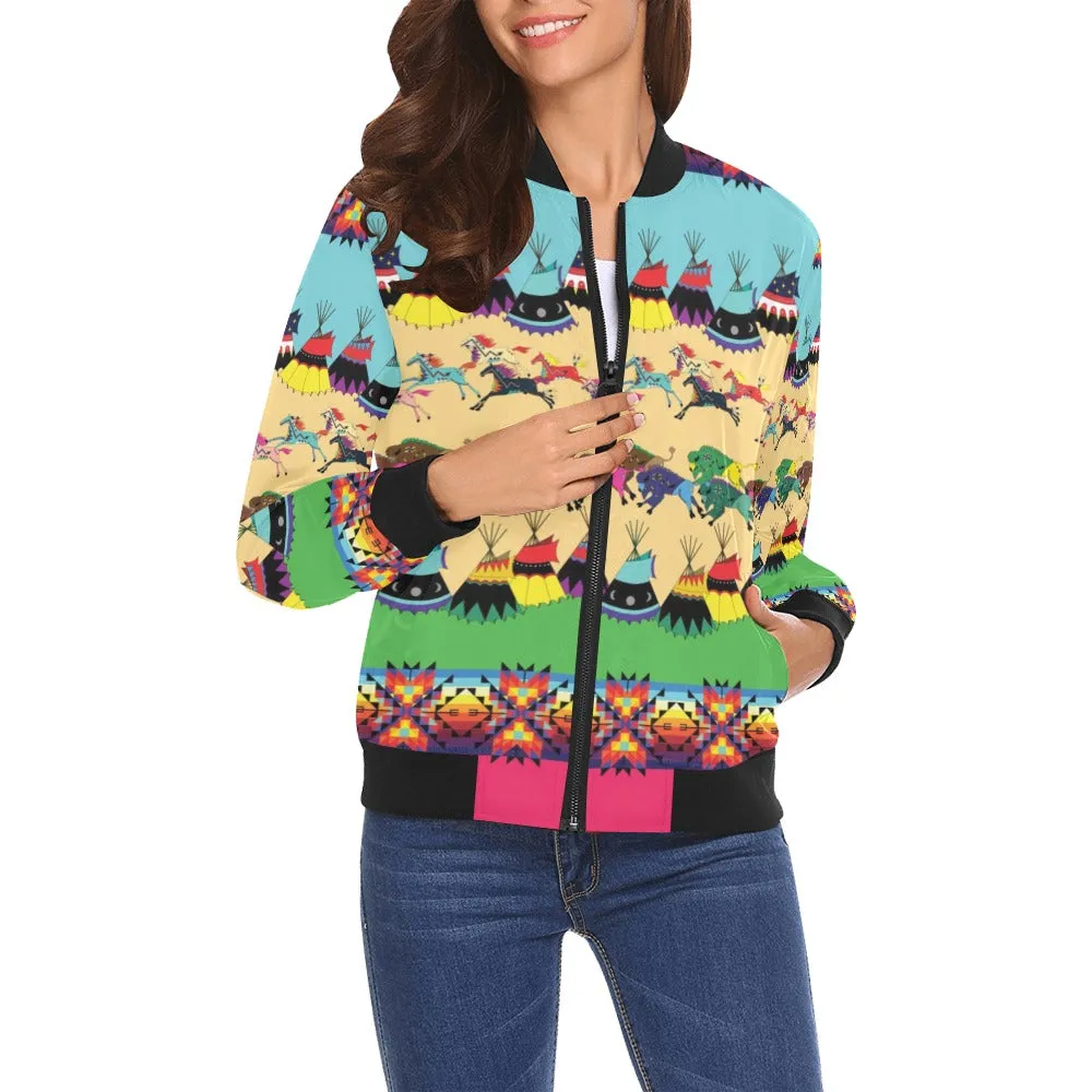 Horses and Buffalo Ledger Pink Bomber Jacket for Women