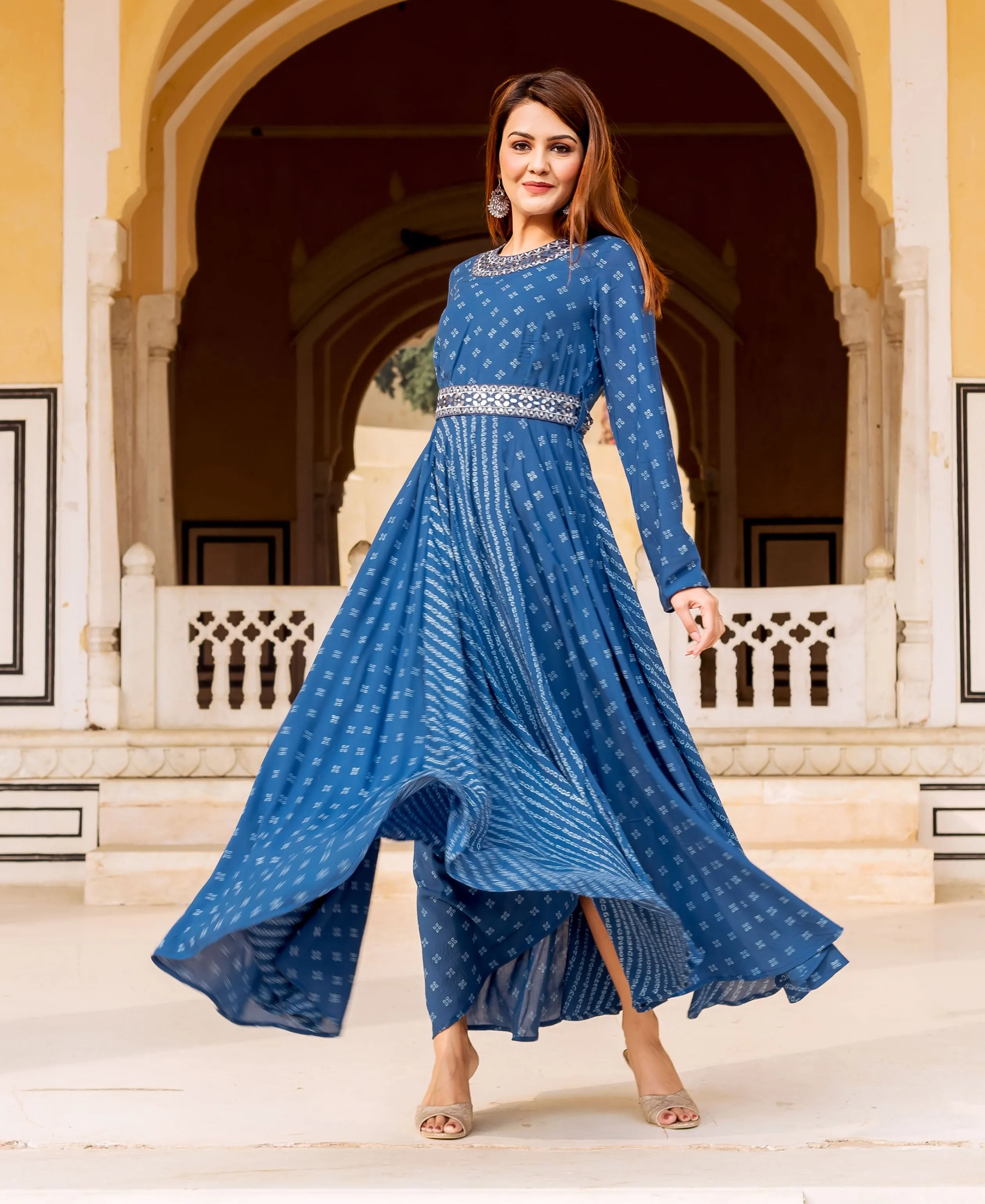 Indigo Bandhej Printed and Embroidered Dress