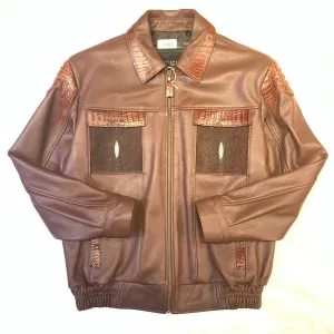 Kashani Chocolate Brown Alligator Horn-Back/Stingray Bomber Jacket