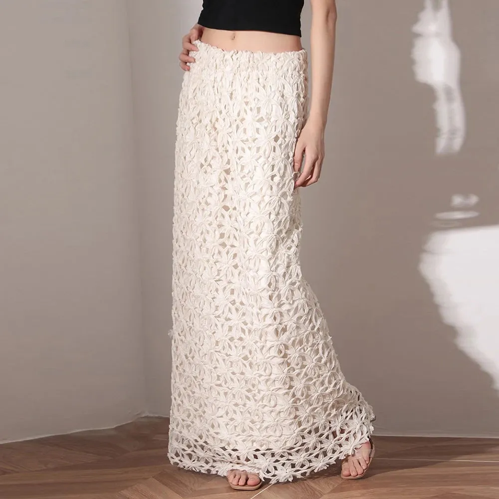 Knitting Cut Out Floor Length Skirt For Women High Waist A Line Solid Elegant Long Skirts Female Clothing Fashion