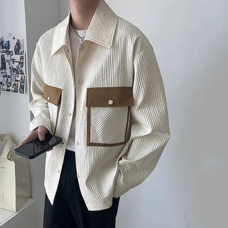 Korean Style Male Coat Fake Pockets Contrast Color Signle Breasted Turn-down Collar Men's Jackets Stylish 9C6662