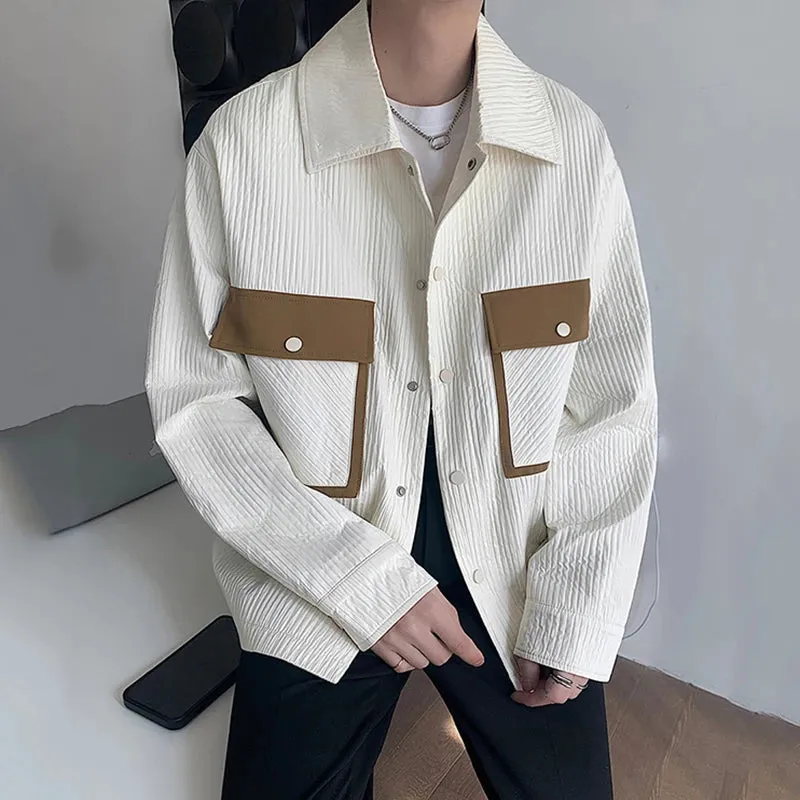 Korean Style Male Coat Fake Pockets Contrast Color Signle Breasted Turn-down Collar Men's Jackets Stylish 9C6662