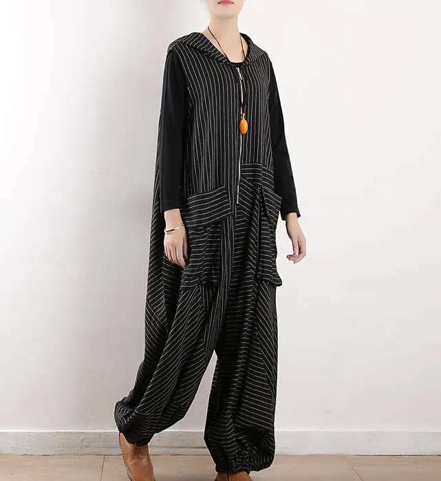 large Pockets Striped Loose Cotton Women Casual Jumpsuits PZ97251