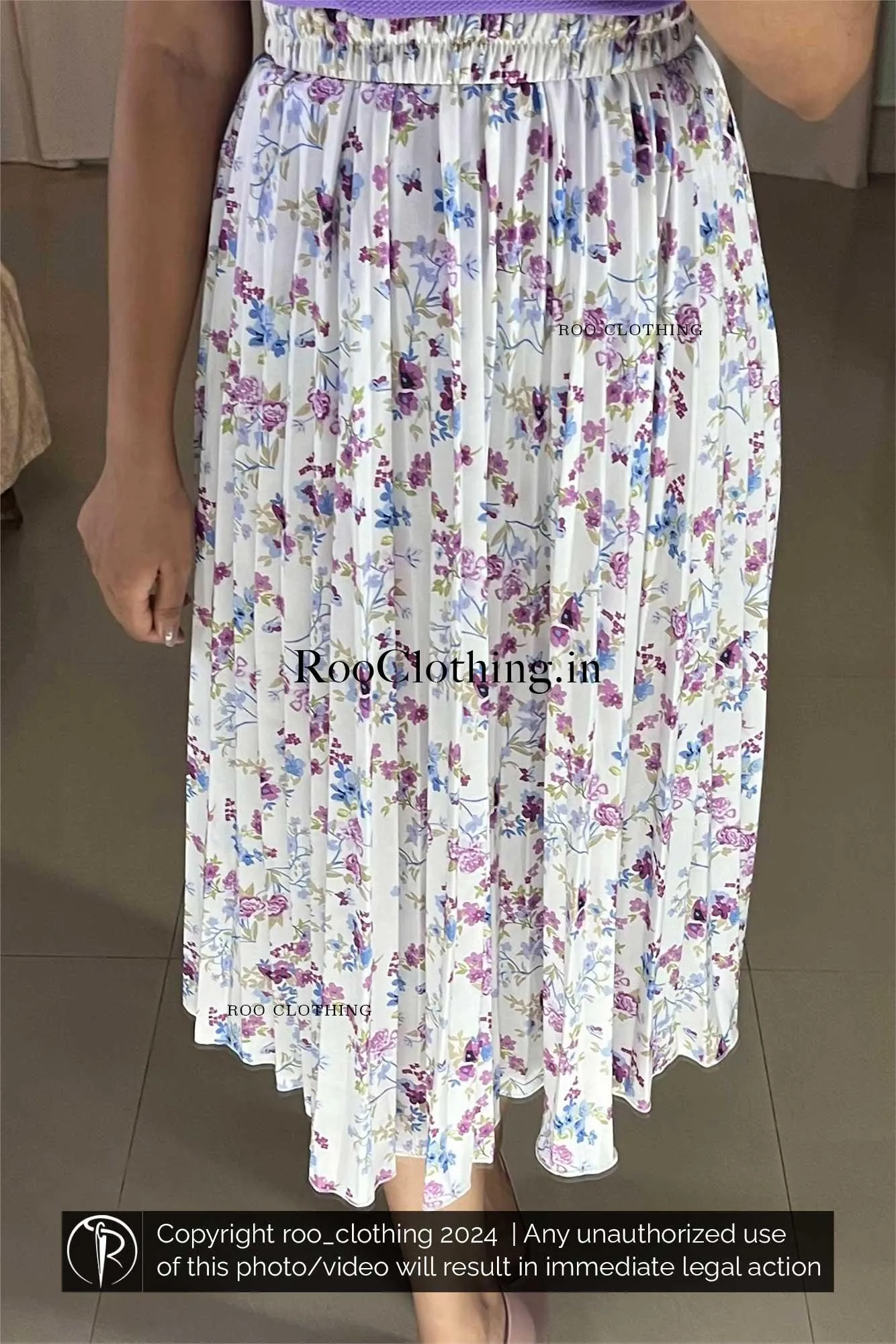 Lavender Floral Printed White Accordion Pleated Skirt Only