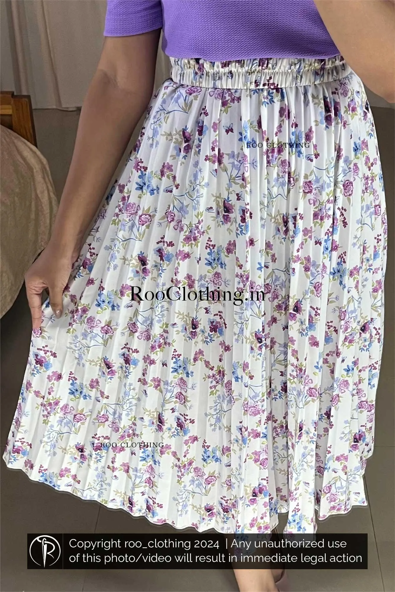 Lavender Floral Printed White Accordion Pleated Skirt Only