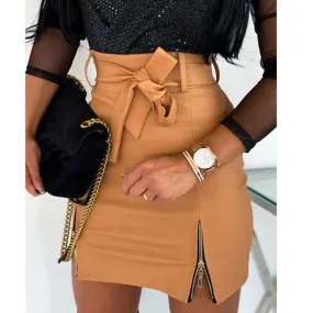 Leather Mini Bowtie Skirt w/ Slit Zipper