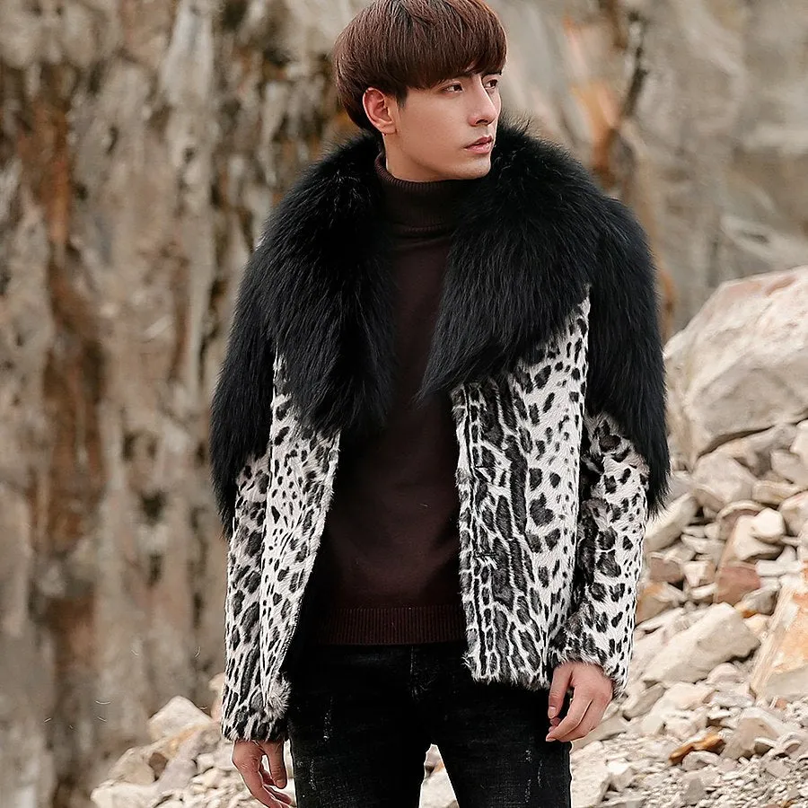 Leopard Sheep Fur Coat with Fox Fur Collar and Shoulder