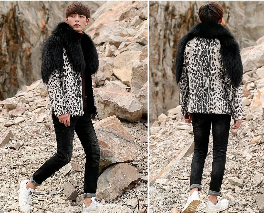 Leopard Sheep Fur Coat with Fox Fur Collar and Shoulder