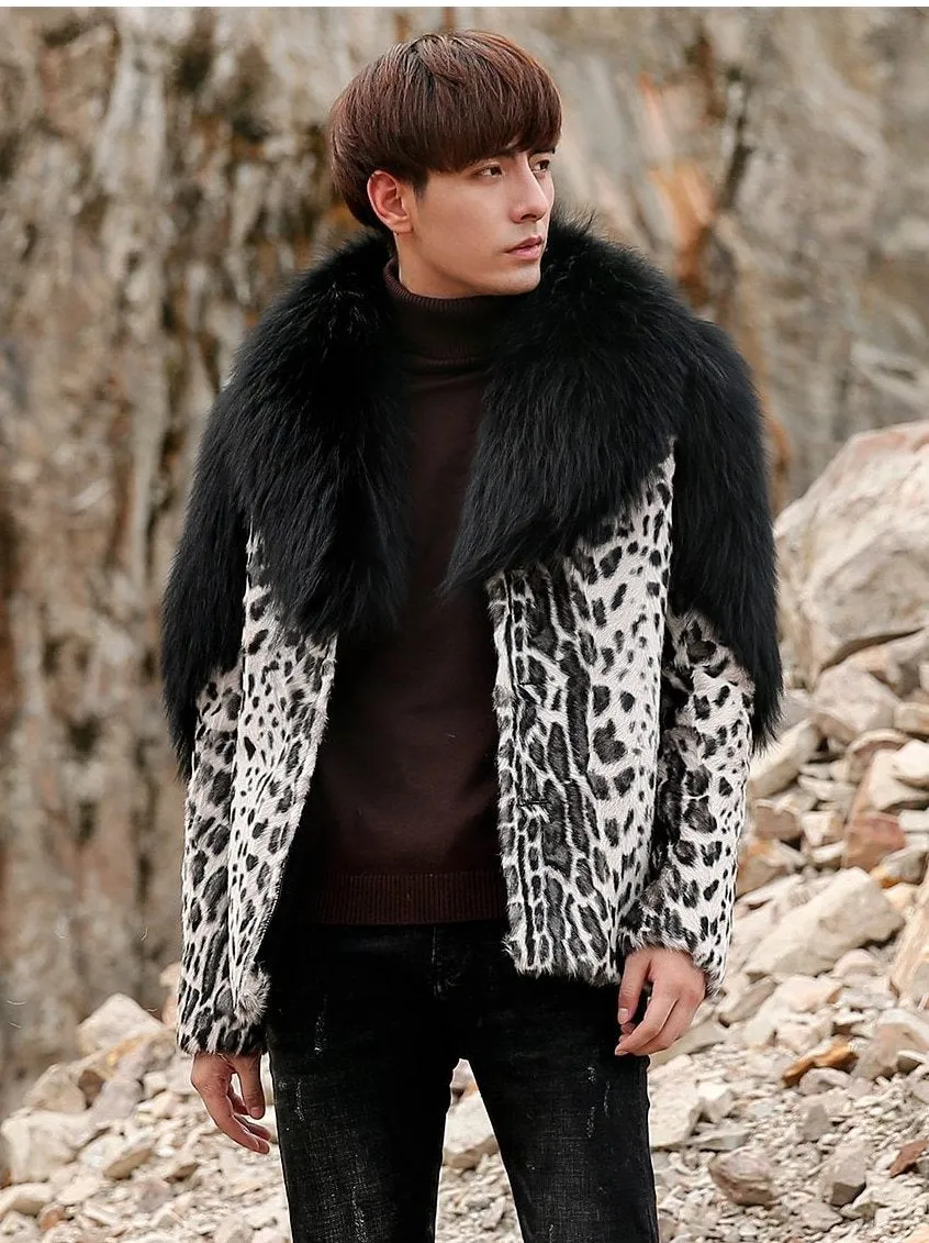 Leopard Sheep Fur Coat with Fox Fur Collar and Shoulder