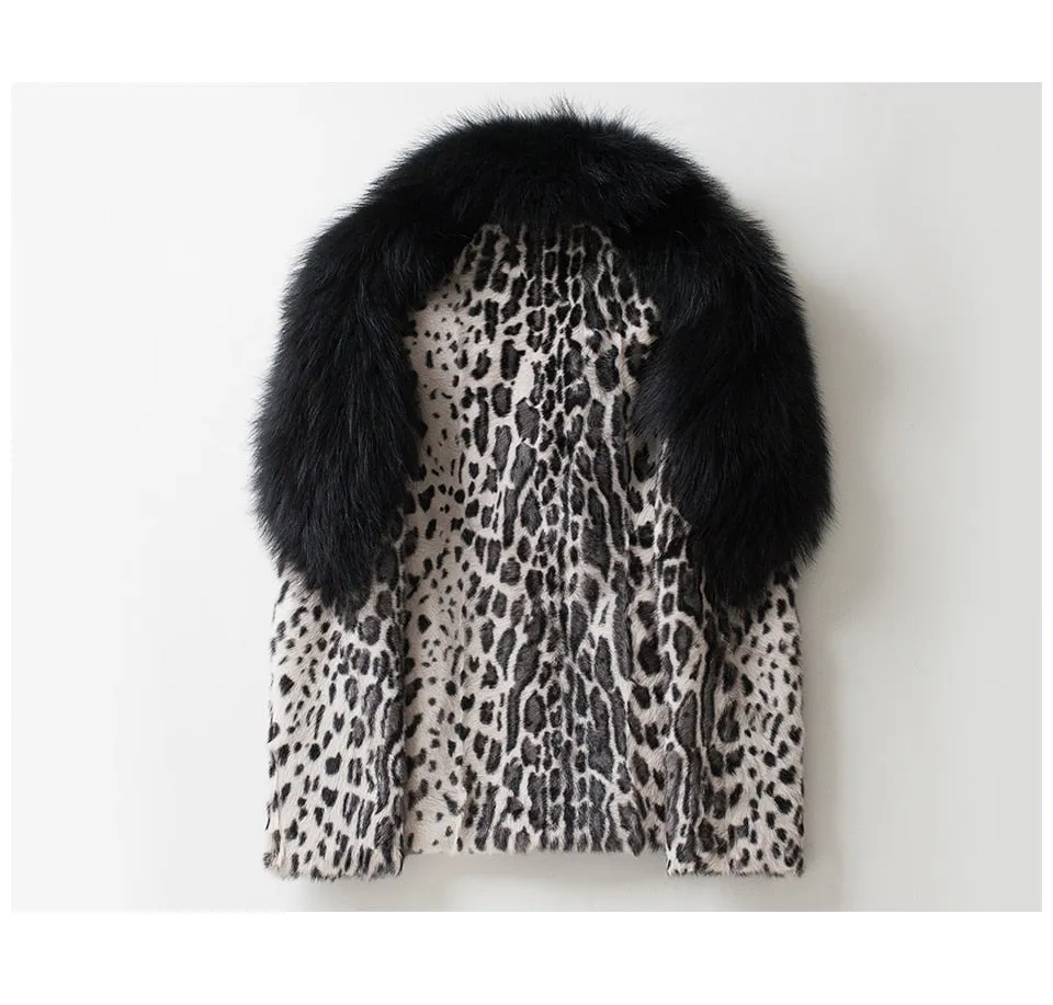 Leopard Sheep Fur Coat with Fox Fur Collar and Shoulder