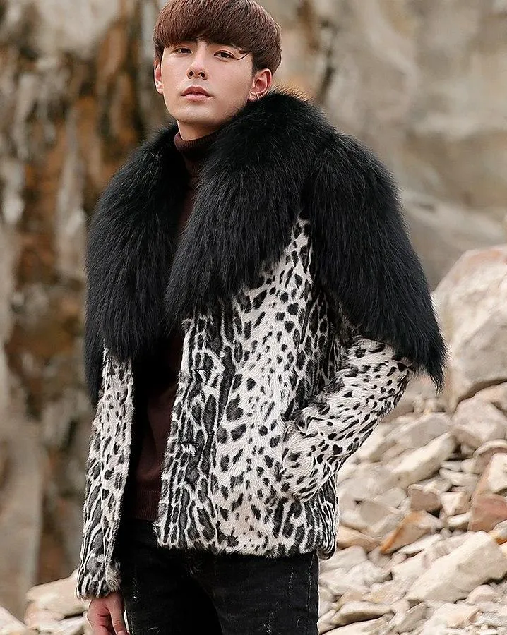 Leopard Sheep Fur Coat with Fox Fur Collar and Shoulder