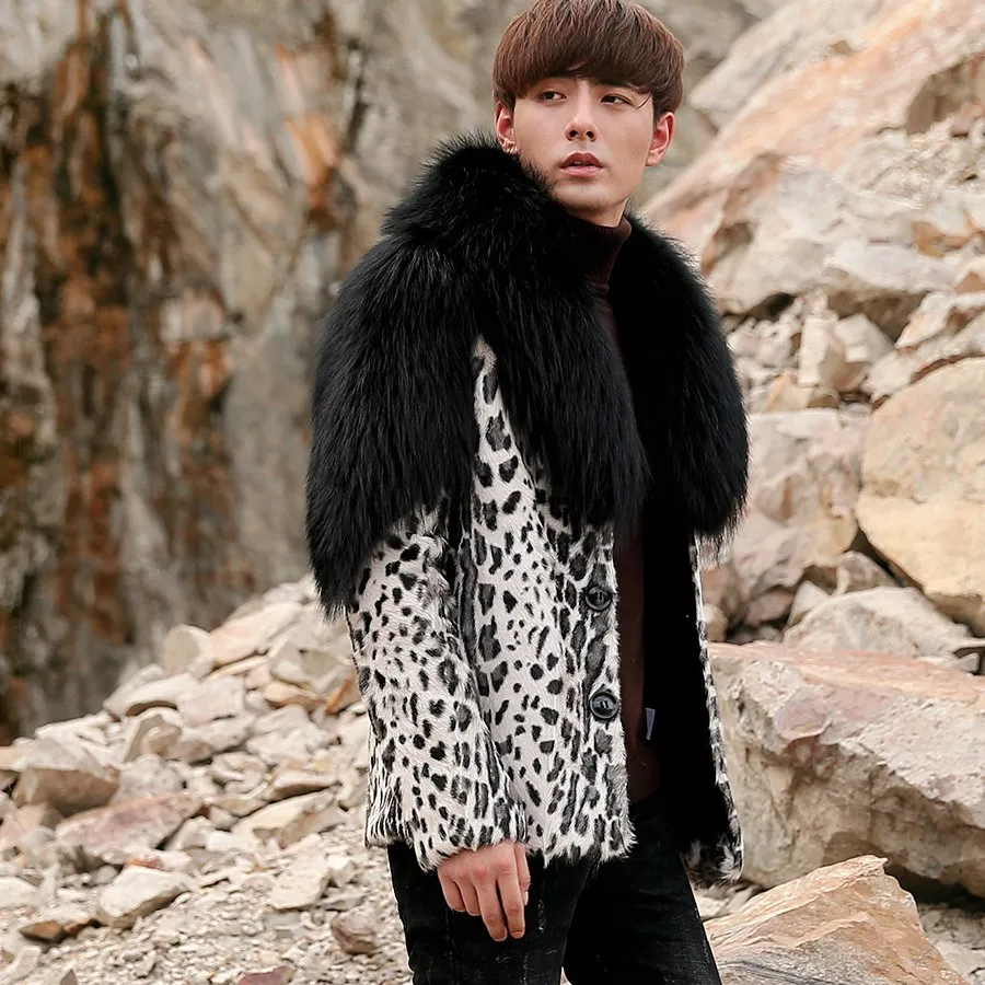 Leopard Sheep Fur Coat with Fox Fur Collar and Shoulder