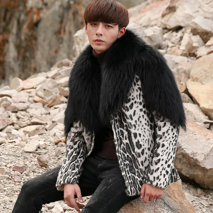 Leopard Sheep Fur Coat with Fox Fur Collar and Shoulder