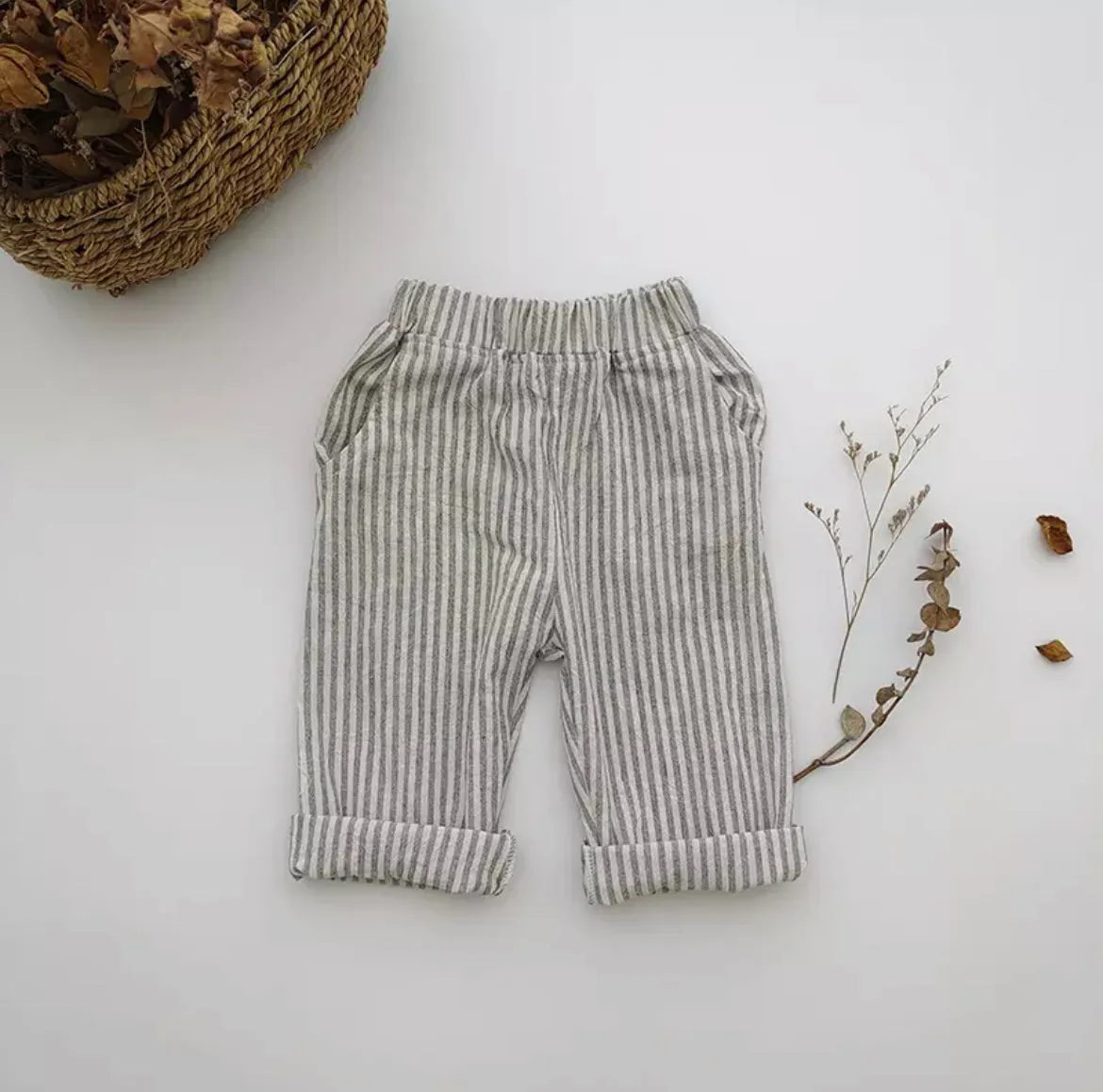 Linen Baby Pants - Grey Stripes