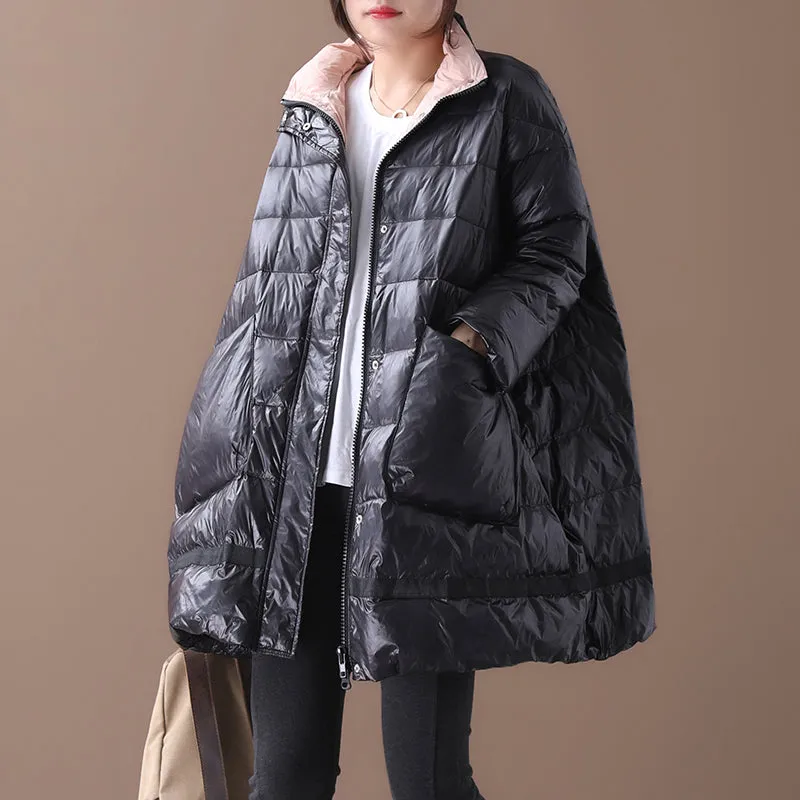 Loose large size stand collar large pocket zipper bright down jacket