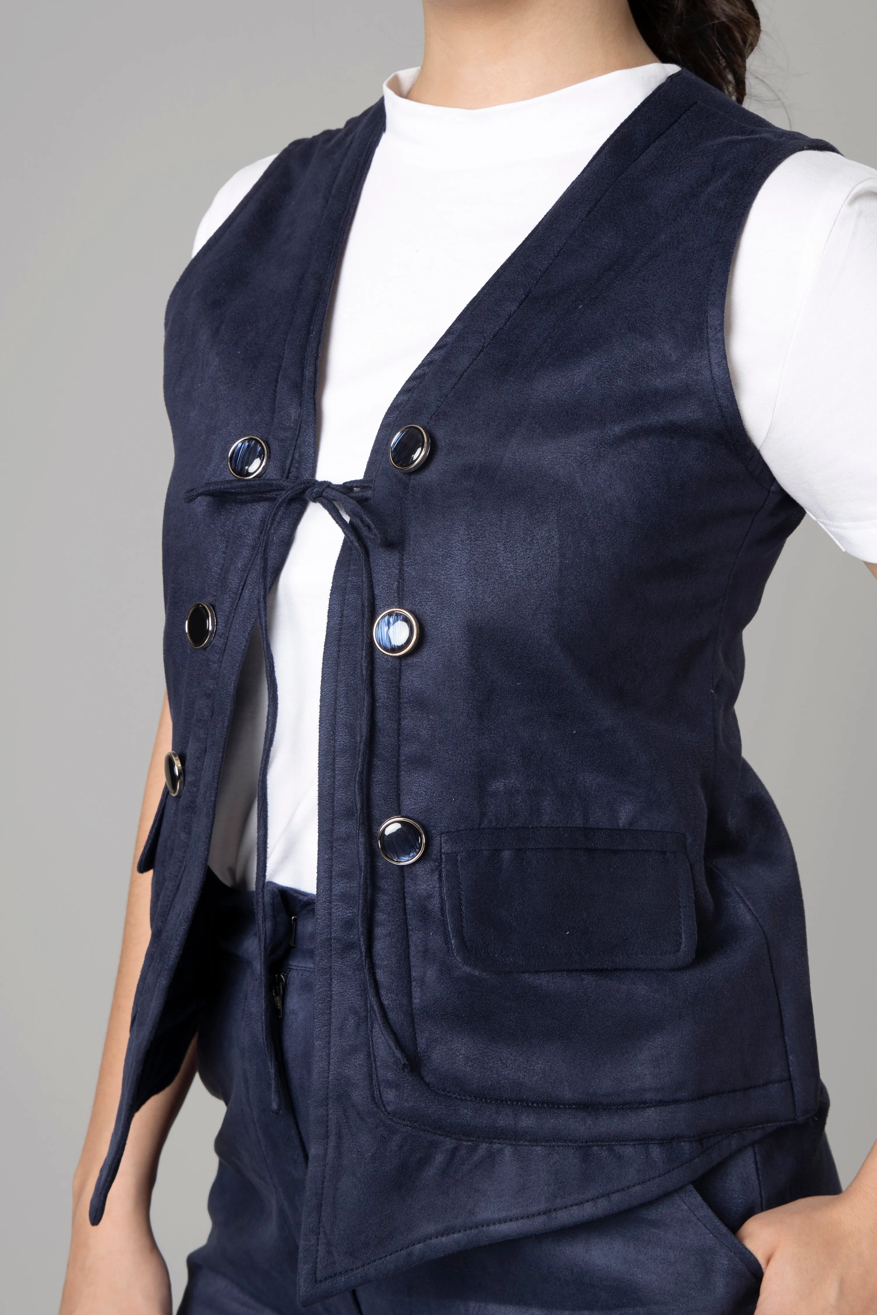 Luxe Women Blue Suede Tie Up Waistcoat