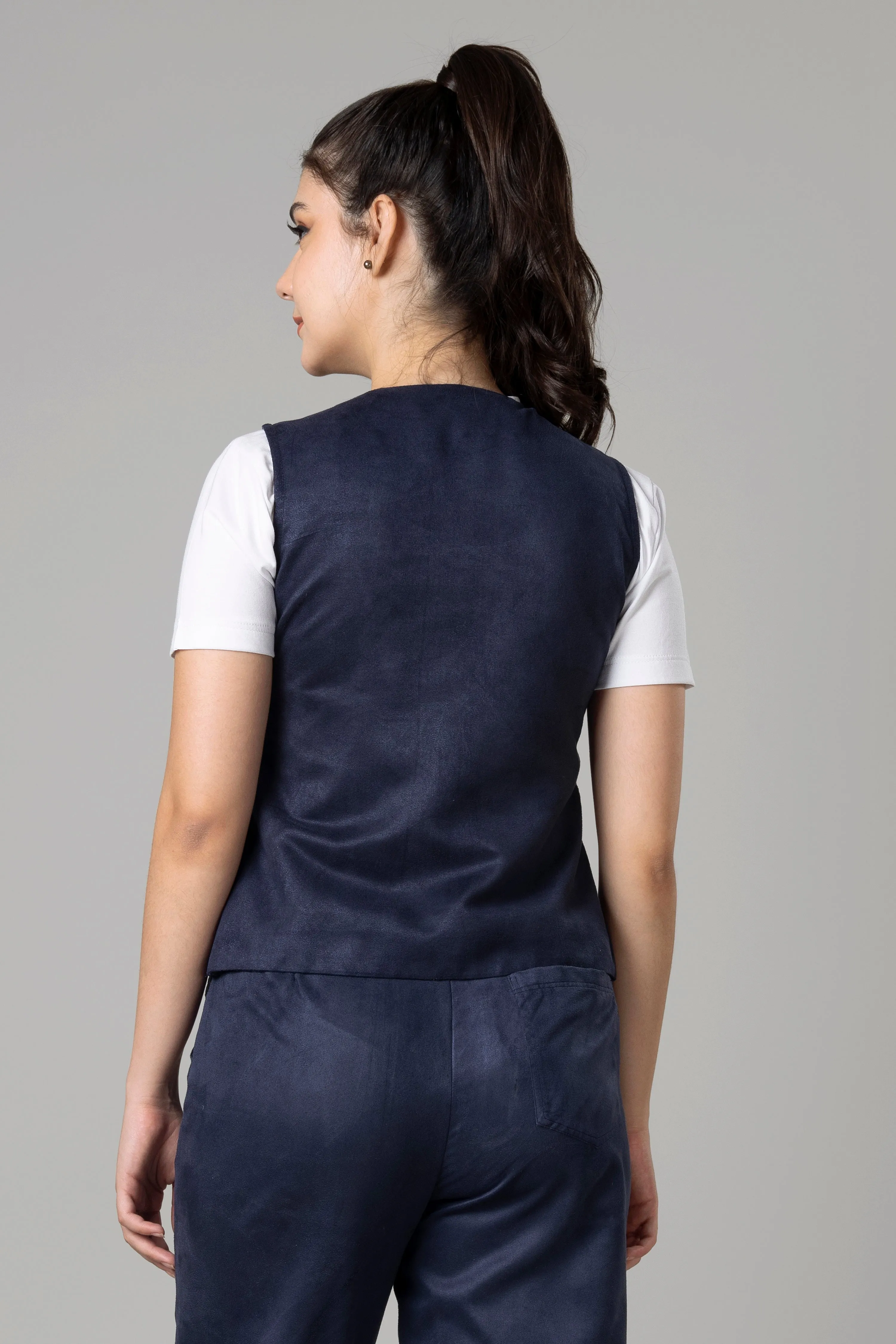 Luxe Women Blue Suede Tie Up Waistcoat