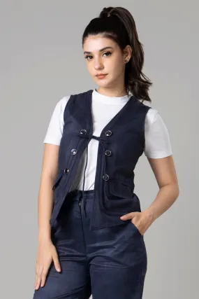 Luxe Women Blue Suede Tie Up Waistcoat