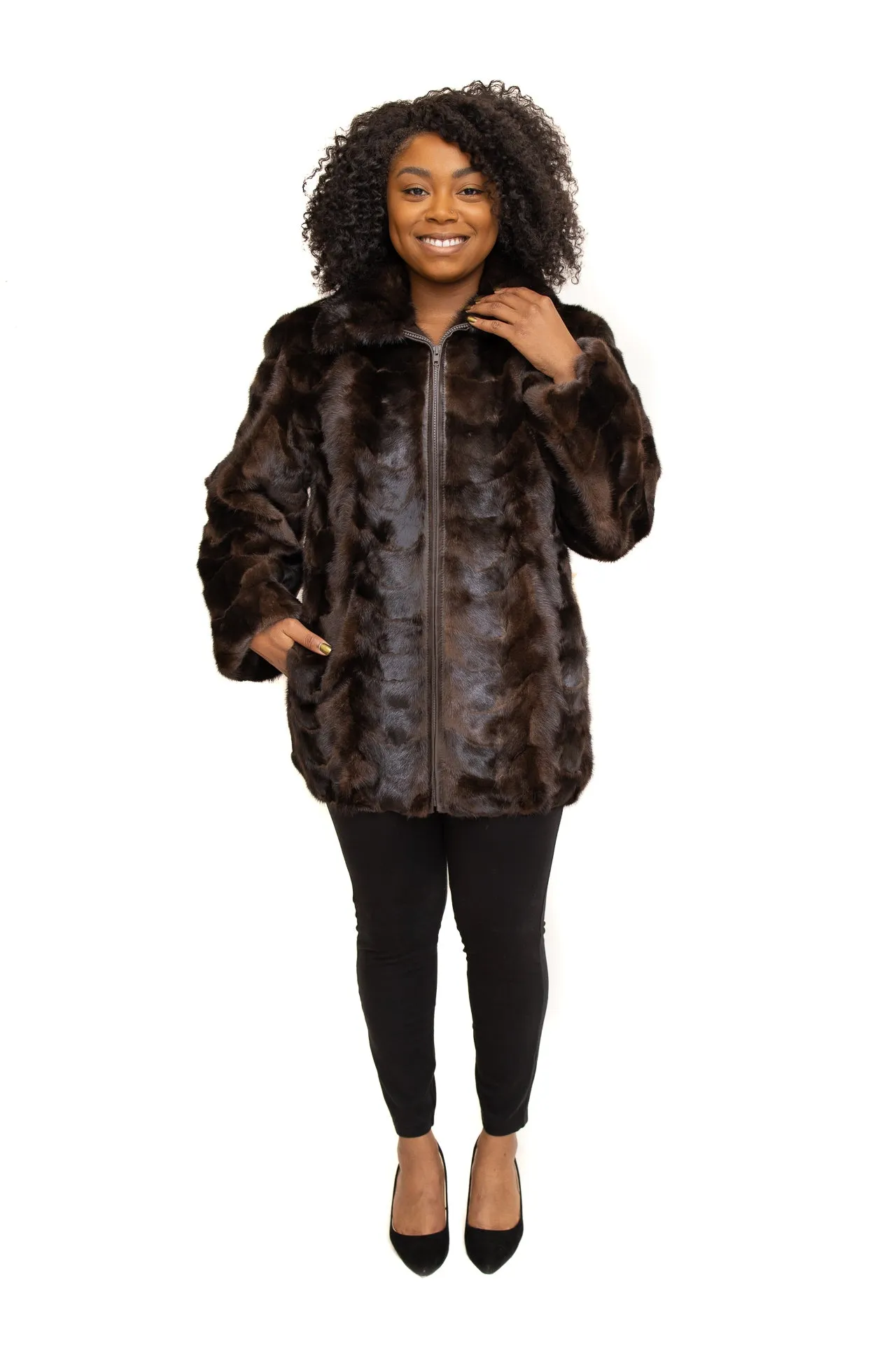 Mahogany Mink Fur Paw Zipper Jacket with Full Skin Mink Collar