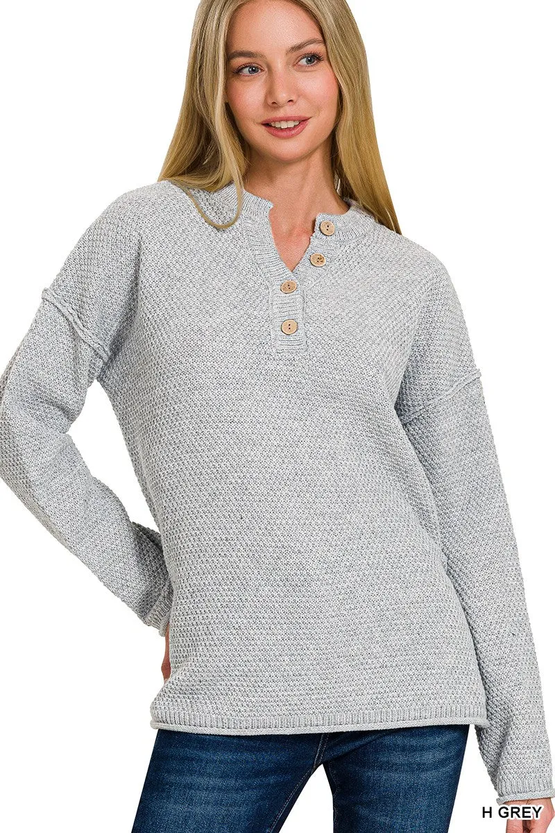 Malibu 4 button henley sweater tw-2326  heather grey