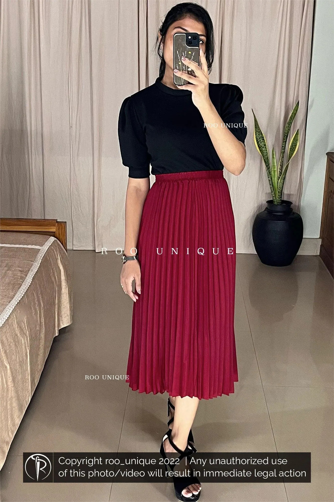 Maroon Accordion Pleated Skirt Only