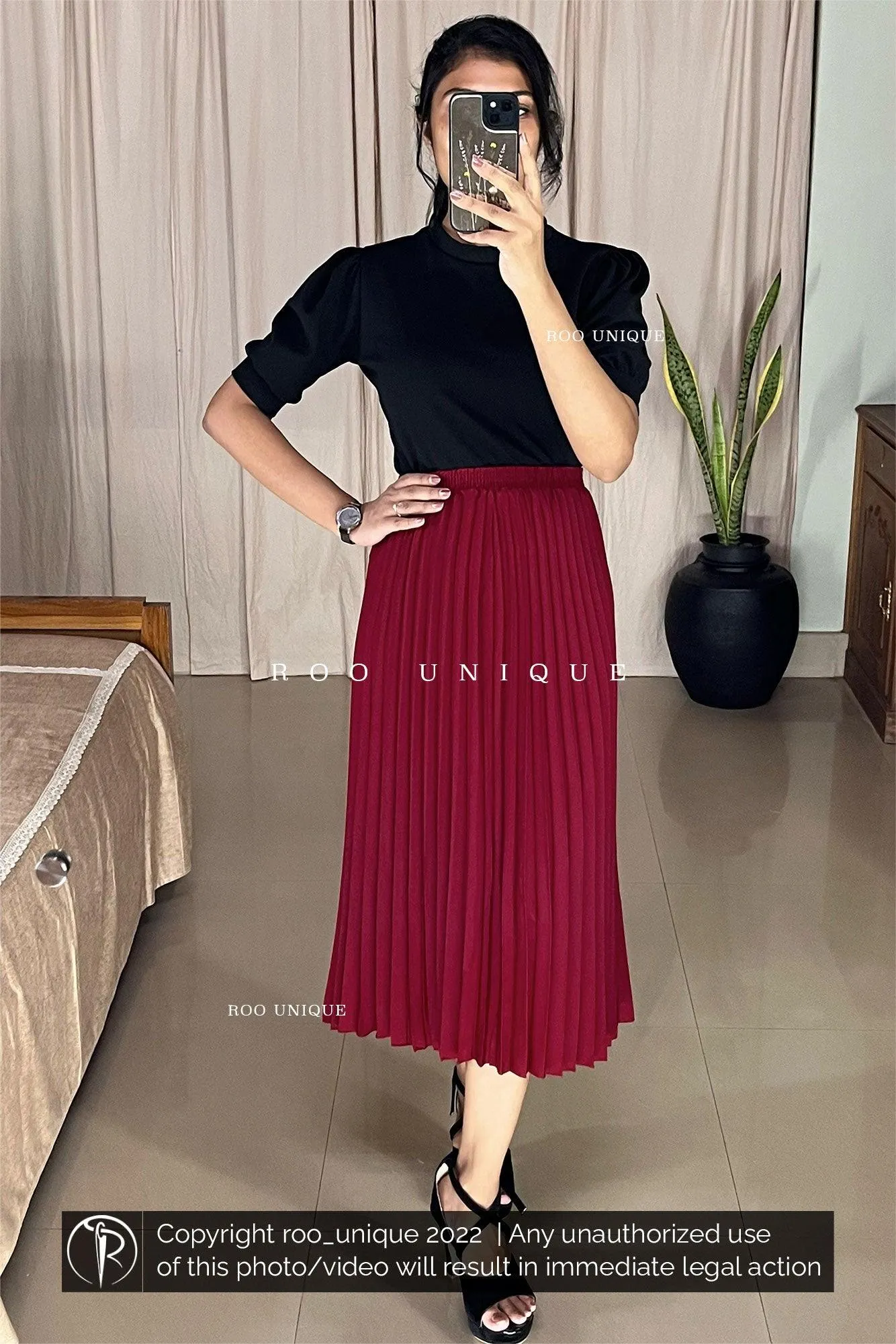 Maroon Accordion Pleated Skirt Only