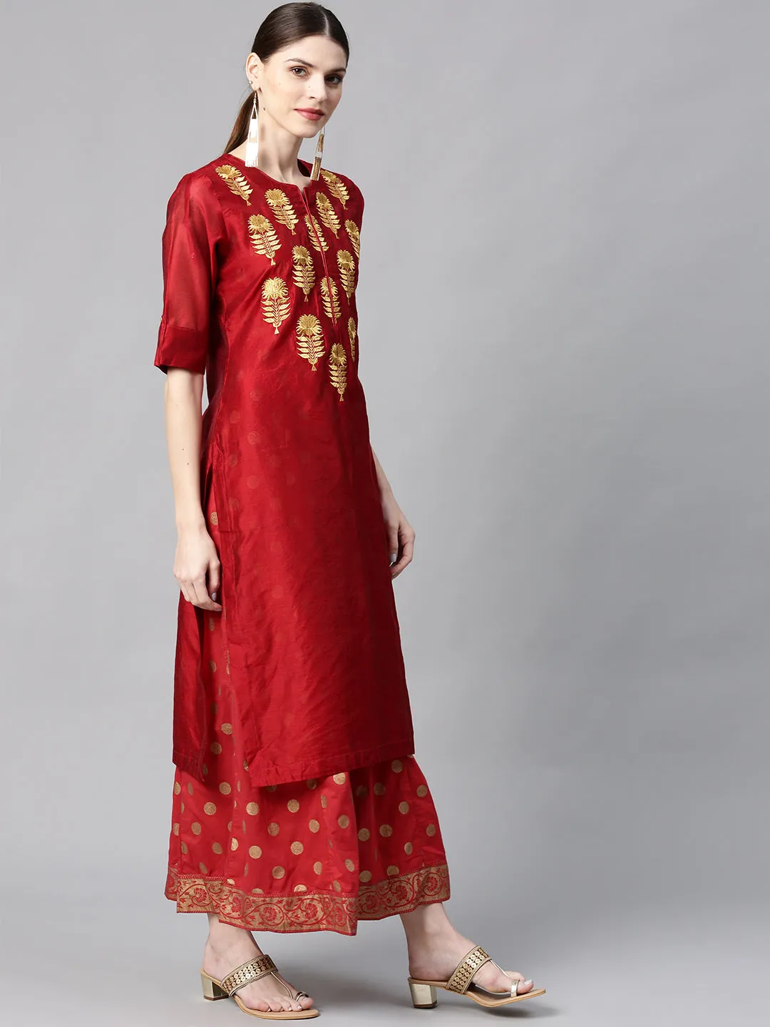 Maroon Chanderi Printed With Embroidery Layered Maxi Dress