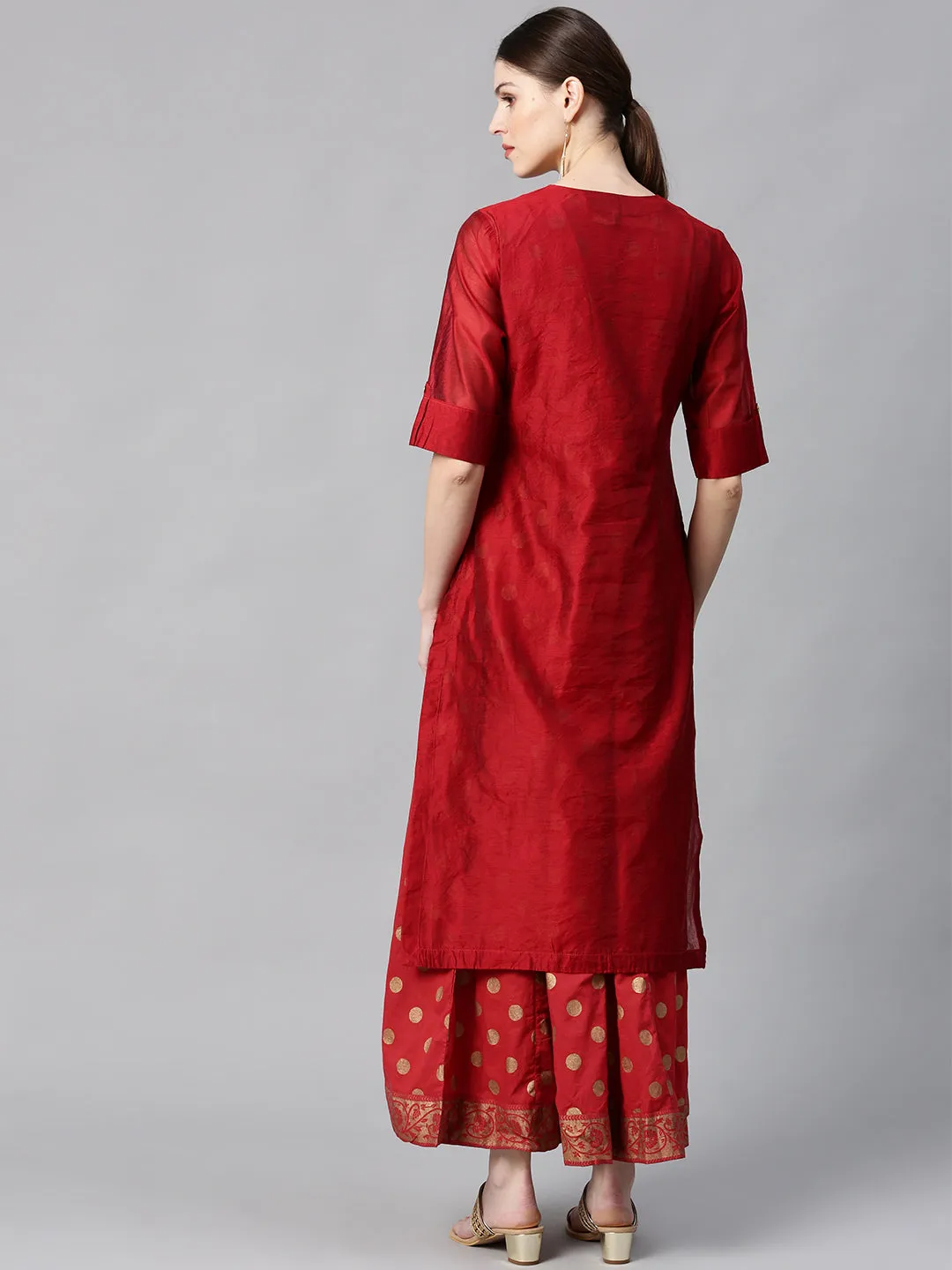 Maroon Chanderi Printed With Embroidery Layered Maxi Dress