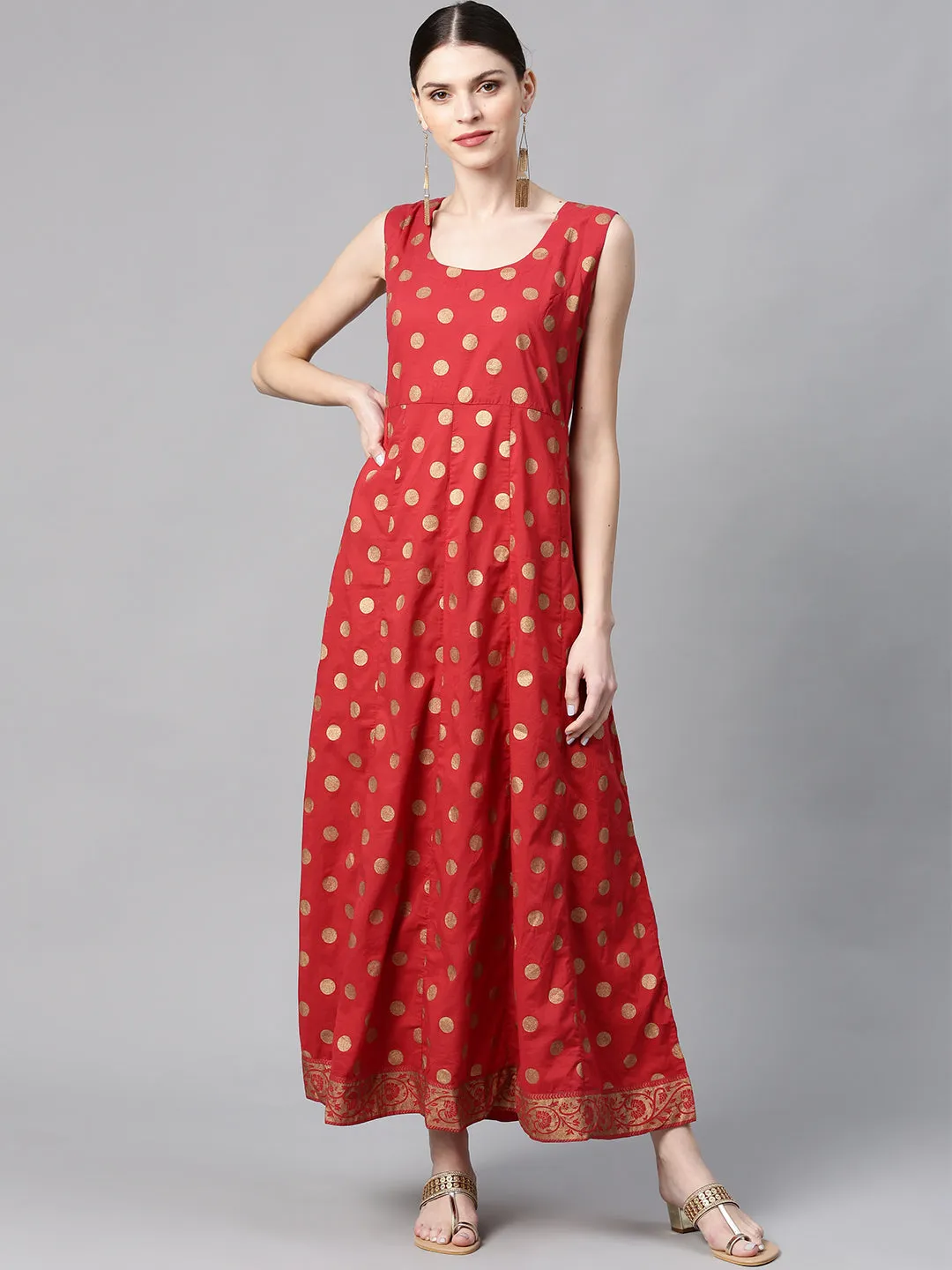 Maroon Chanderi Printed With Embroidery Layered Maxi Dress