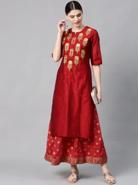 Maroon Chanderi Printed With Embroidery Layered Maxi Dress