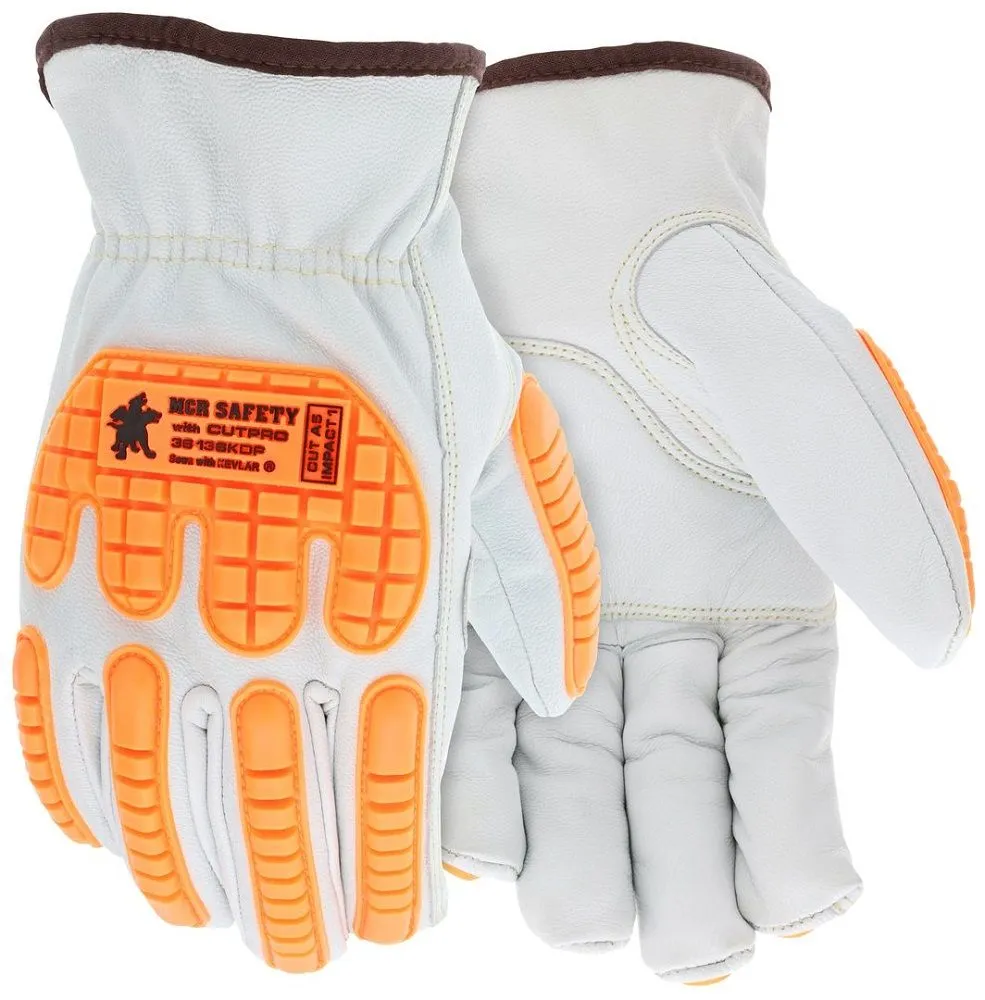 MCR Safety 36136KDP Grain Goatskin Leather with DuPont Kevlar Liner, Drivers Cut Resistant Work Gloves, White, Box of 12 Pairs