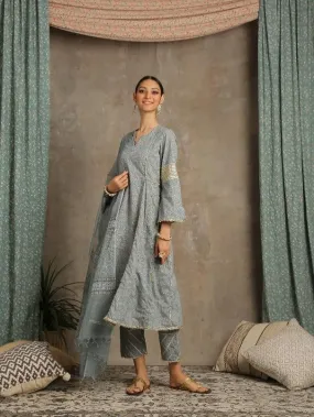 Mehr- Grey Cotton Printed Salwar Suit