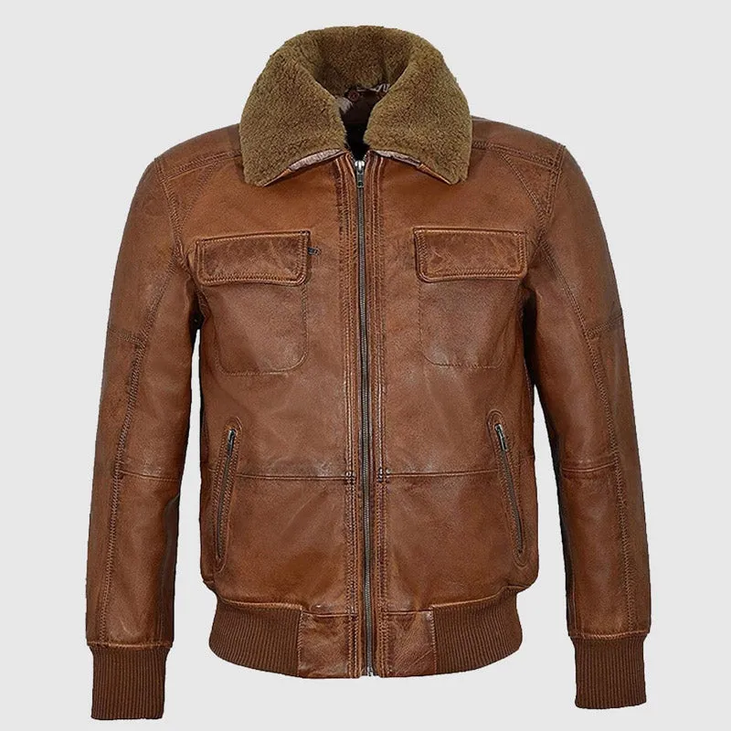 Men’s AIR Force Fur Collar Vintage Bomber Leather Jacket