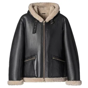 Mens Best Winter Black Sheepskin Shearling Bomber Jacket With Hood