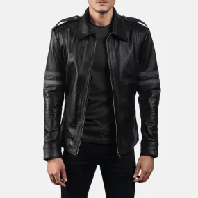 Mens Black Leather Biker Jacket with Grey Straps