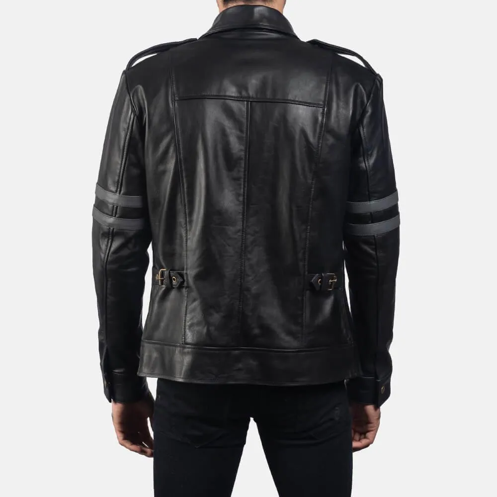 Mens Black Leather Biker Jacket with Grey Straps