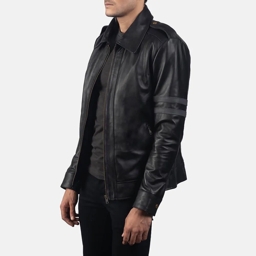 Mens Black Leather Biker Jacket with Grey Straps