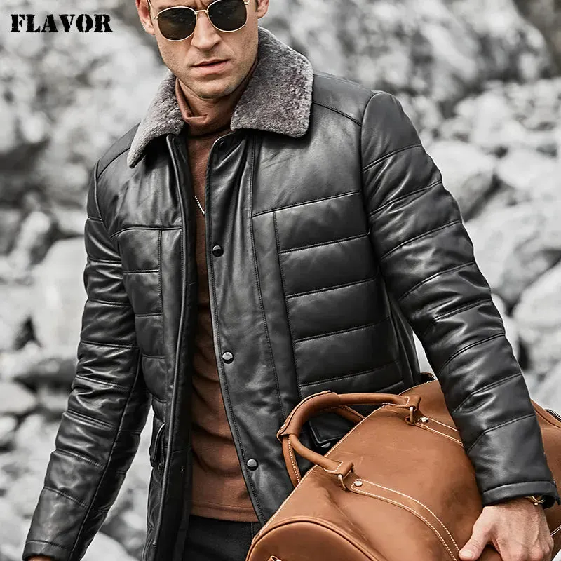 Men's Genuine Leather Down Jacket with Sheep Fur Collar