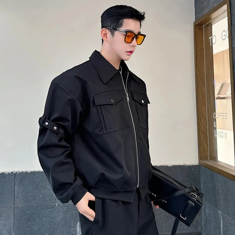 Men's Jackets Casual Turn-down Collar Pockets Sleeve  Buckle Design Solid Color Male Short Coats Spring Fashion 9C4966