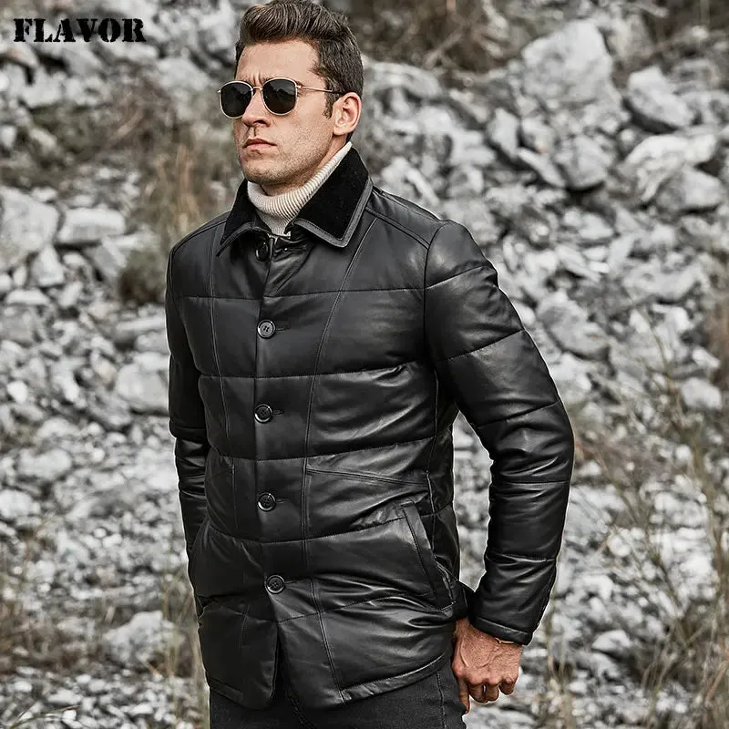 Men's Lambskin Leather Down Jacket with Sheep Fur Collar