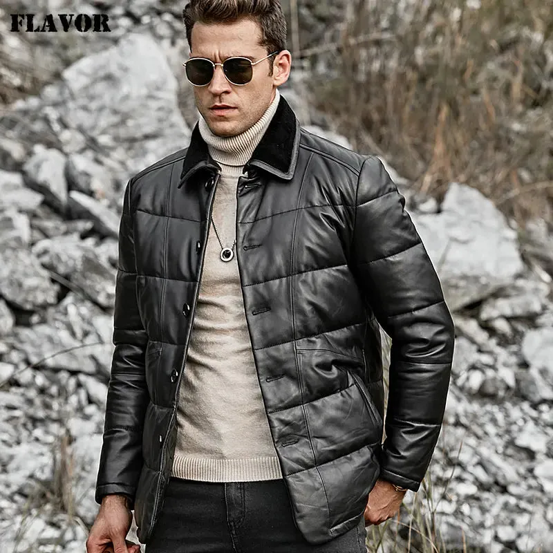 Men's Lambskin Leather Down Jacket with Sheep Fur Collar