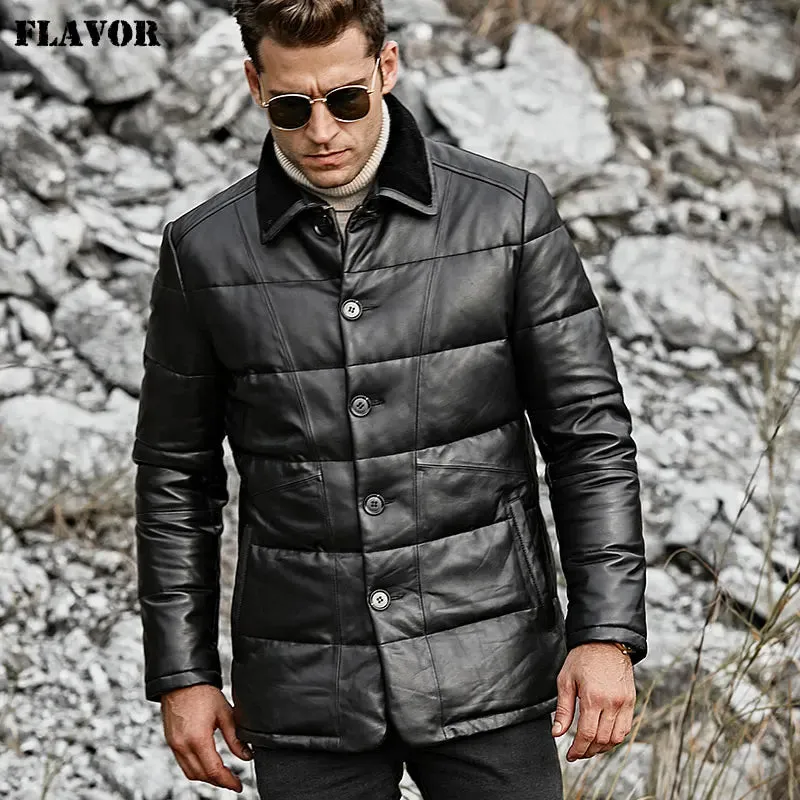 Men's Lambskin Leather Down Jacket with Sheep Fur Collar