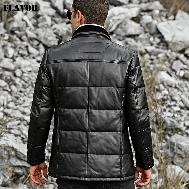 Men's Lambskin Leather Down Jacket with Sheep Fur Collar