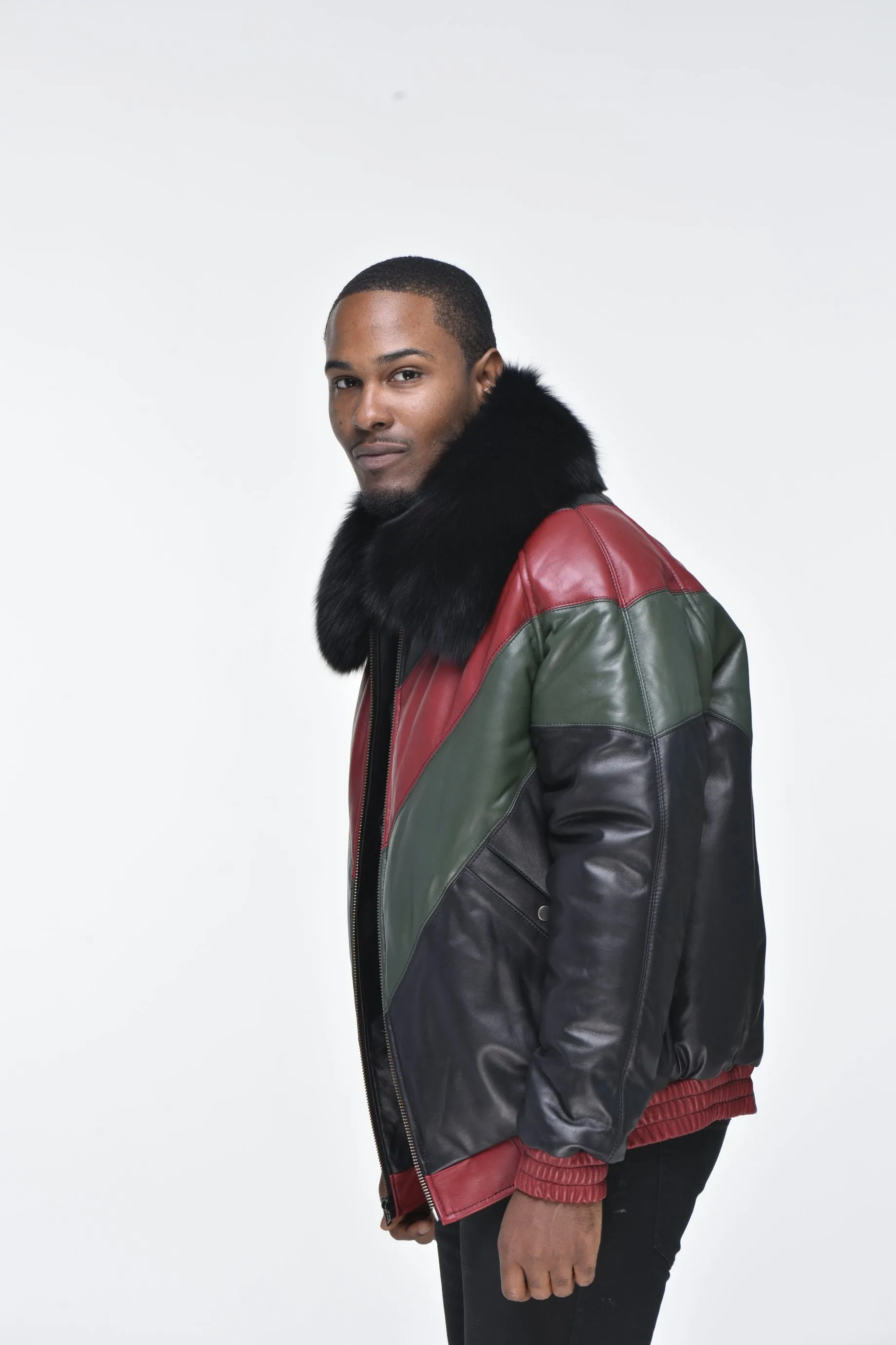 Men’s Lambskin V Bomber Jacket with Detachable Black Fox Collar - Multi Color