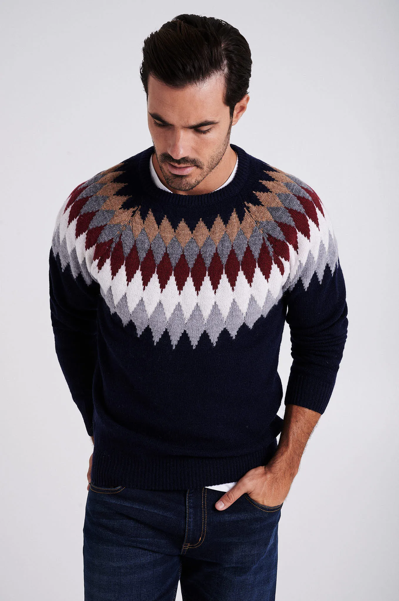 Men's long sleeve crew neck fair-isle sweater