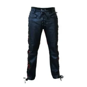 Mens New Style Black & Red Cow Leather Front & Side Laced Biker Trousers Pants - SLJ2