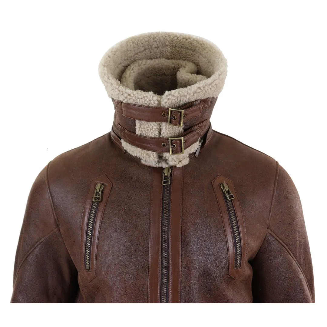 Mens Real 3/4 Shearling Sheepskin Jacket Brown Beige Long Belt Flying Cockpit